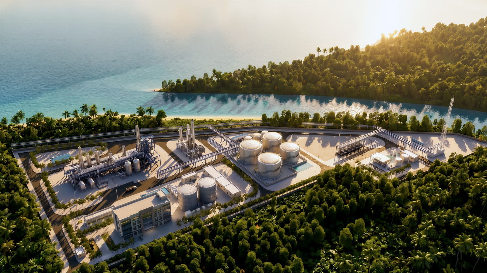 Aerial visualisation of the Port Klang processing, storage and marine-access facility